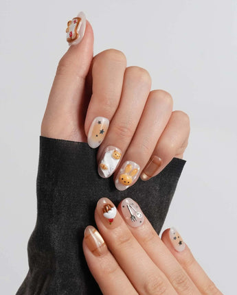 Caramel Miffy short oval press-on nails with dessert cafe scene details