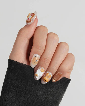 Caramel Miffy handmade character nails with tiny spoons and caramel dessert charms