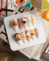 Caramel Miffy bunny dessert press-on nails in medium stiletto shape