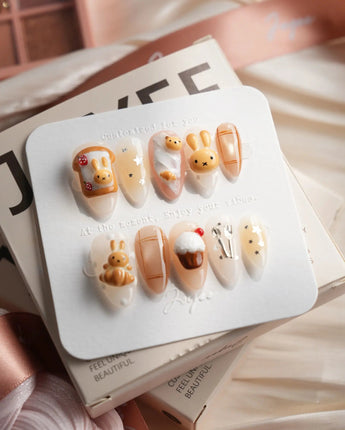 Caramel Miffy bunny dessert press-on nails in short almond shape