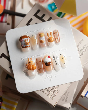 Caramel Miffy bunny dessert press-on nails in short coffin shape