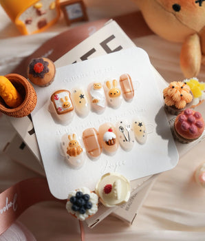 Caramel Miffy brunch-inspired press-on nails with cookie colors and dessert details