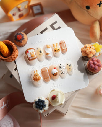Caramel Miffy press-on nail set — character nail art design, hand-painted with real gel polish