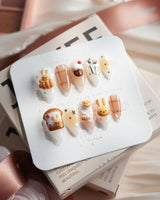 Caramel Miffy bunny dessert press-on nails in short stiletto shape