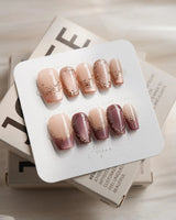 Caramel Petal short coffin press-on nails with warm coffee and caramel brown fall tones