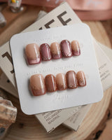 Caramel Petal short square press-on nails with rose chrome French tips and gold baroque details