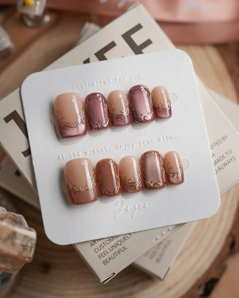 Caramel Petal short square press-on nails with rose chrome French tips and gold baroque details
