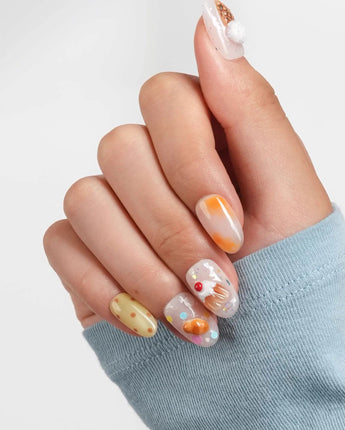 Caramel Toast close-up of caramel pudding, bear toast, and tiny sprinkle nail art