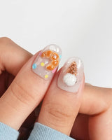 Caramel Toast short oval nails with bear-shaped toast, pudding, ice cream, and sprinkles