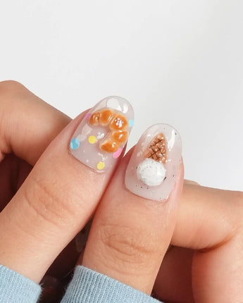 Caramel Toast short oval nails with bear-shaped toast, pudding, ice cream, and sprinkles