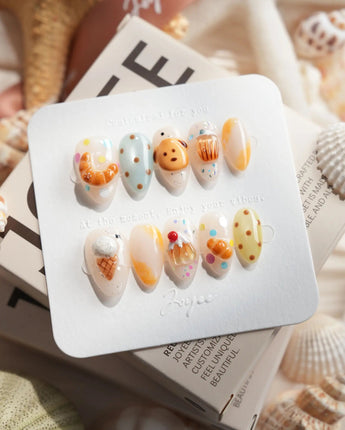 Caramel Toast bakery press-on nails in extra short almond shape