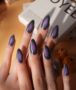 Cassis press on nails in deep blackcurrant purple glossy jelly with a hand-drawn silver chrome outline - image 2