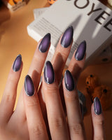 Cassis press on nails in deep blackcurrant purple glossy jelly with a hand-drawn silver chrome outline - image 2