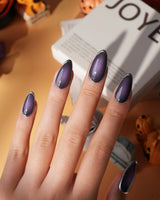 Cassis press on nails in deep blackcurrant purple glossy jelly with a hand-drawn silver chrome outline - image 3