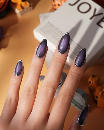 Cassis press on nails in deep blackcurrant purple glossy jelly with a hand-drawn silver chrome outline - image 3