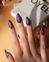 Cassis press on nails in deep blackcurrant purple glossy jelly with a hand-drawn silver chrome outline - image 4
