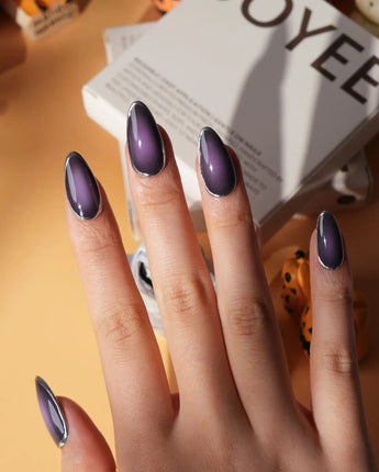 Cassis press on nails in deep blackcurrant purple glossy jelly with a hand-drawn silver chrome outline - image 4
