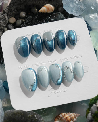 Banff Blue press-on nail set — Cat Eye Blue Nails with Chrome Outline design, hand-painted with real gel polish