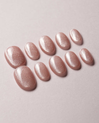 Nude Blush cat-eye press-on nail set — blush pink cat eye nails design, hand-painted with real gel polish