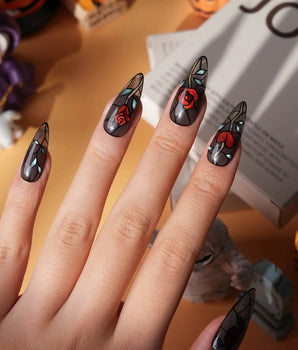 Cathedral Rose gothic press on nails with red glitter roses, hearts and mint leaves in black stained glass lines on a smoky sheer base - image 2