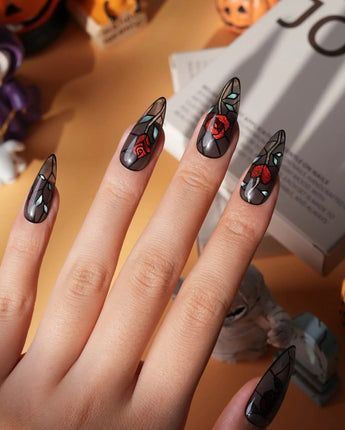 Cathedral Rose gothic press on nails with red glitter roses, hearts and mint leaves in black stained glass lines on a smoky sheer base - image 2