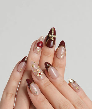 Gothic Red press-on nails with burgundy gothic styling and metallic cross accents