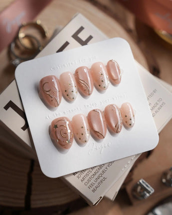 Champagne Nova nails in extra short almond — Icy Nude Pink &