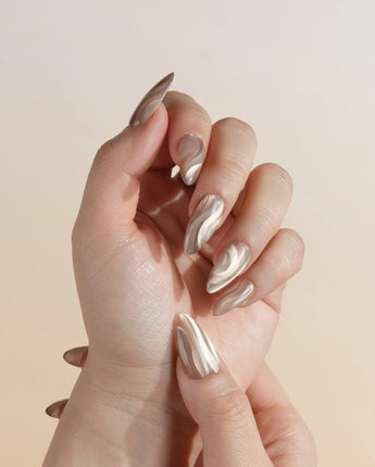 Champagne Ribbons nails in medium almond — Champagne Nude Gold, Silky