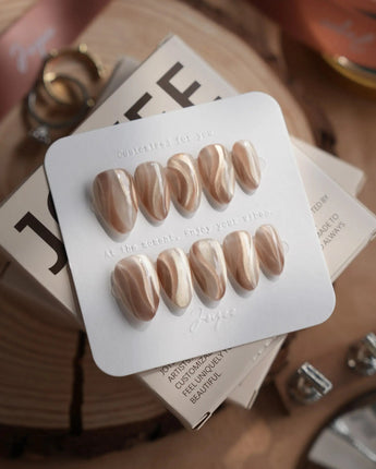 Champagne Ribbons nails in extra short almond — Champagne Nude Gold, Silky