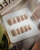 Champagne Ribbons nails in extra short coffin — Champagne Nude Gold, Silky