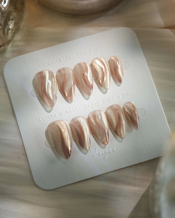Champagne Ribbons nails in short stiletto — Champagne Nude Gold, Silky