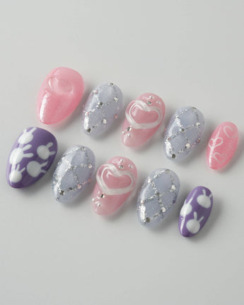 Charming Glam Usagi extra short almond nails with cute glam art and custom handmade detail
