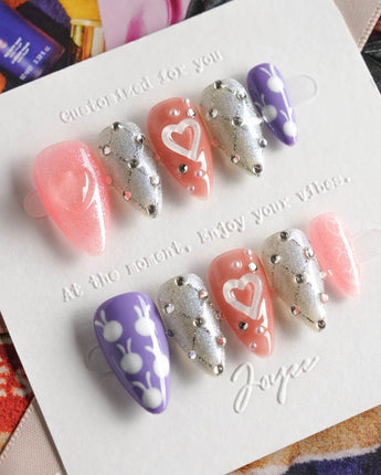 Charming Glam Usagi short stiletto nails with cute glam styling and handmade polish