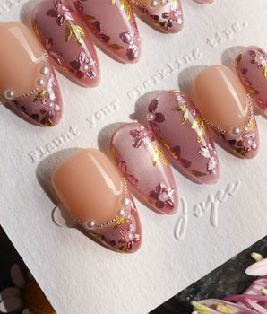 Falling Sakura press-on nails — Elegant Rosy Mauve, Hand-painted