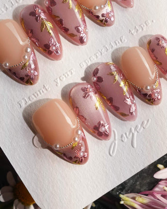Falling Sakura press-on nails — Elegant Rosy Mauve, Hand-painted