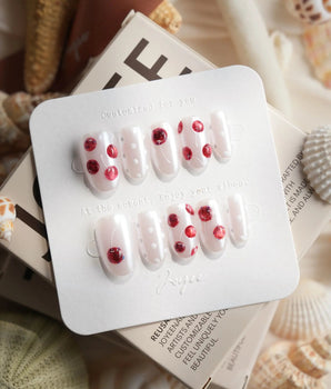Cherry Dot Short Oval press on nails, handmade custom nails by Joyeenails