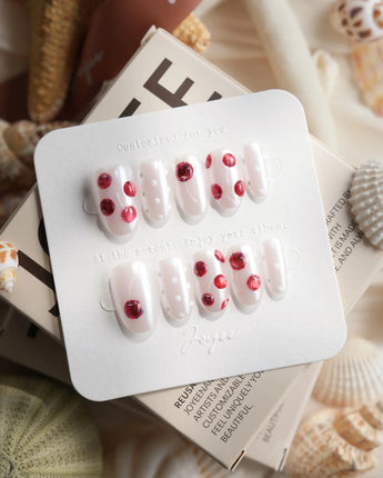 Cherry Dot Short Oval press on nails, handmade custom nails by Joyeenails