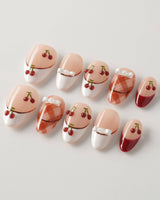 Cherry Miss press-on nails in extra short almond shape — Red White French, 3D Bow & Cherry.