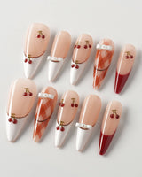 Cherry Miss press-on nails in long stiletto shape — Red White French, 3D Bow & Cherry.