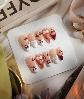 Cherry Miss handmade press-on nails featuring Red White French, 3D Bow & Cherry.