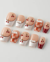 Cherry Miss press-on nails in short coffin shape — Red White French, 3D Bow & Cherry.