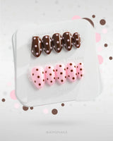 Berry Cocoa handmade press-on nails featuring Coffee & Pink Polka Dots