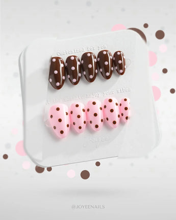 Berry Cocoa handmade press-on nails featuring Coffee & Pink Polka Dots