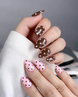 Berry Cocoa press-on nail set — Coffee & Pink Polka Dots design, hand-painted with real gel polish