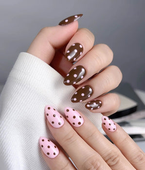 Berry Cocoa nail set with chocolate brown tones, soft pink dots, and playful fall color contrast