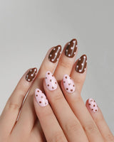 Berry Cocoa nail art close-up showing Coffee & Pink Polka Dots details