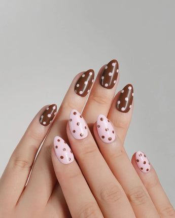 Berry Cocoa nail art close-up showing Coffee & Pink Polka Dots details