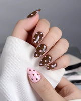 Berry Cocoa press-on nails — Coffee & Pink Polka Dots handmade nail art by Joyee Nails