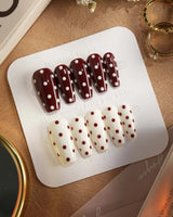 Choco Pop press-on nails — Wine Red & Creamy White Contrast, Retro Polka Dots. handmade nail art by Joyee Nails