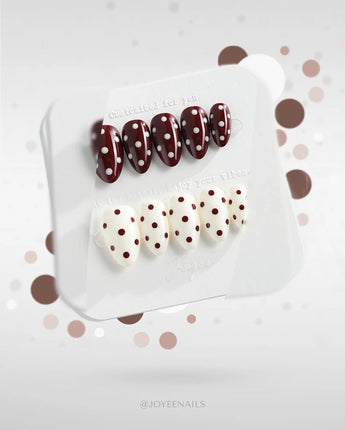Choco Pop handmade press-on nails featuring Wine Red & Creamy White Contrast, Retro Polka Dots.